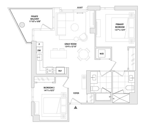 Floor plan for 2 beds, 2 baths, 1047 sqft